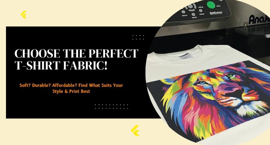 Assorted custom T-shirts in different fabrics like cotton, polyester, and blends displayed on hangers, highlighting color, texture, and print quality.