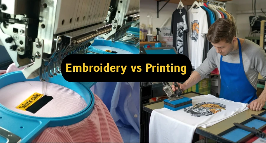 Branded T-shirts and caps showing embroidery and printing styles for custom apparel